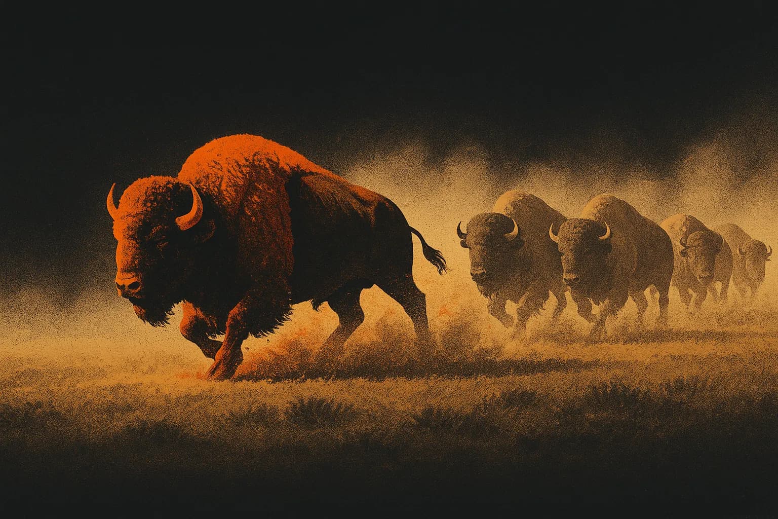An ember longhorn leading the herd across the prairie
